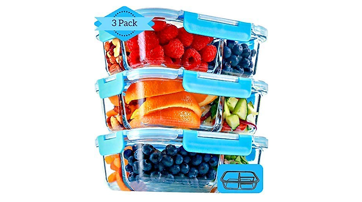 FIT Strong & Healthy 3-Compartment Glass Meal Prep Containers (3 Pack)