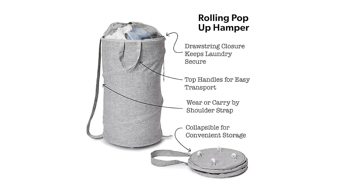Large Pop Up Laundry Hamper Backpack with Wheels and Shoulder Strap