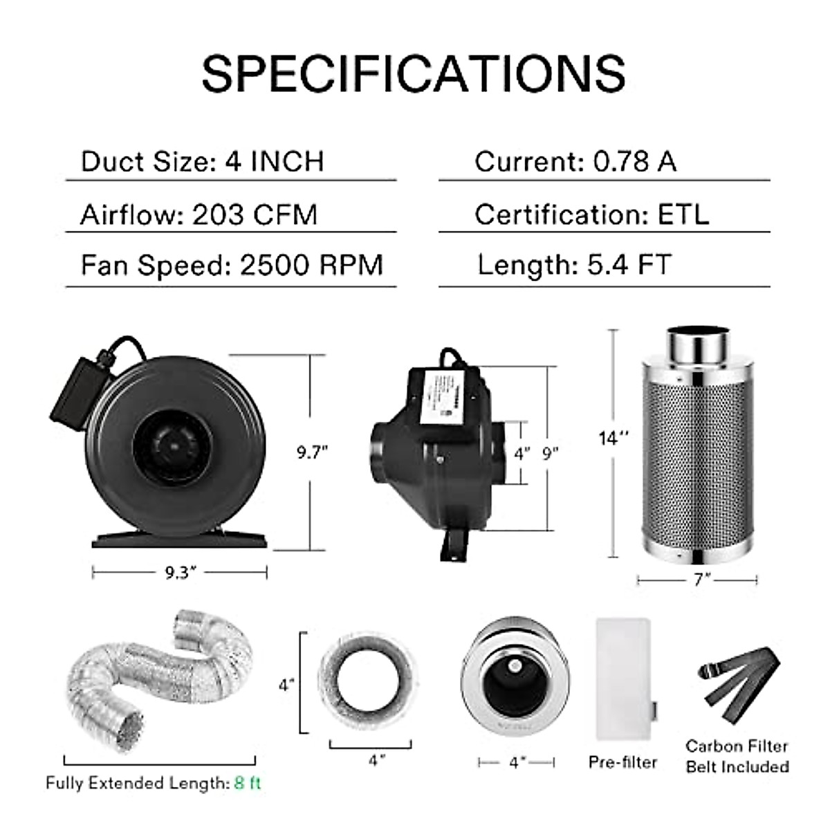 AC Infinity CLOUDLINE 8-Inch Grow Tent Ventilation Kit – Inline Fan, Carbon Filter, Ducting