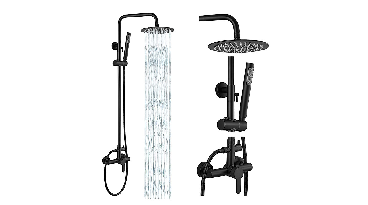Gotonovo Mattschwarzes Duschsystem Set – Wandmontage, 3-in-1 Mit Regendusche, Handbrause & Wannenauslauf, 8 Zoll