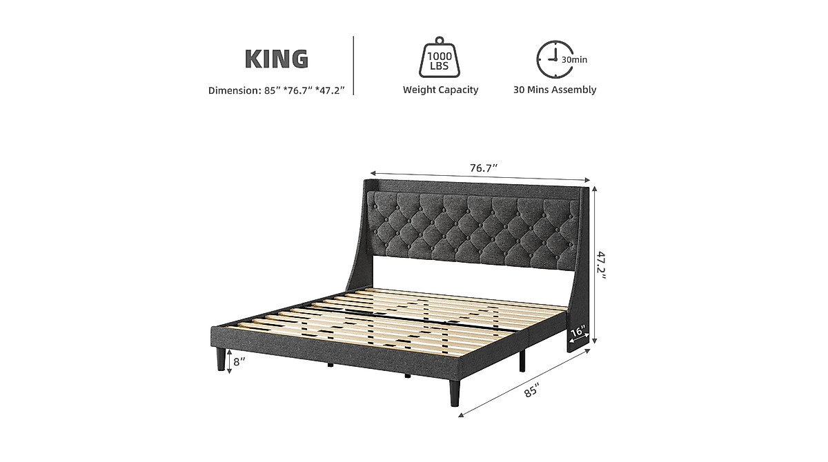 GAOMON King Size Bed Frame with Charging Station and Storage