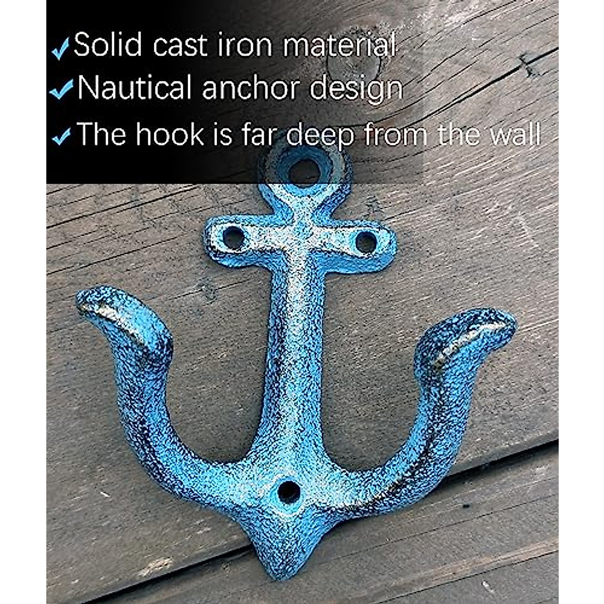 Nautical Anchor Cast Iron Wall Hooks - Blue Rustic Decor