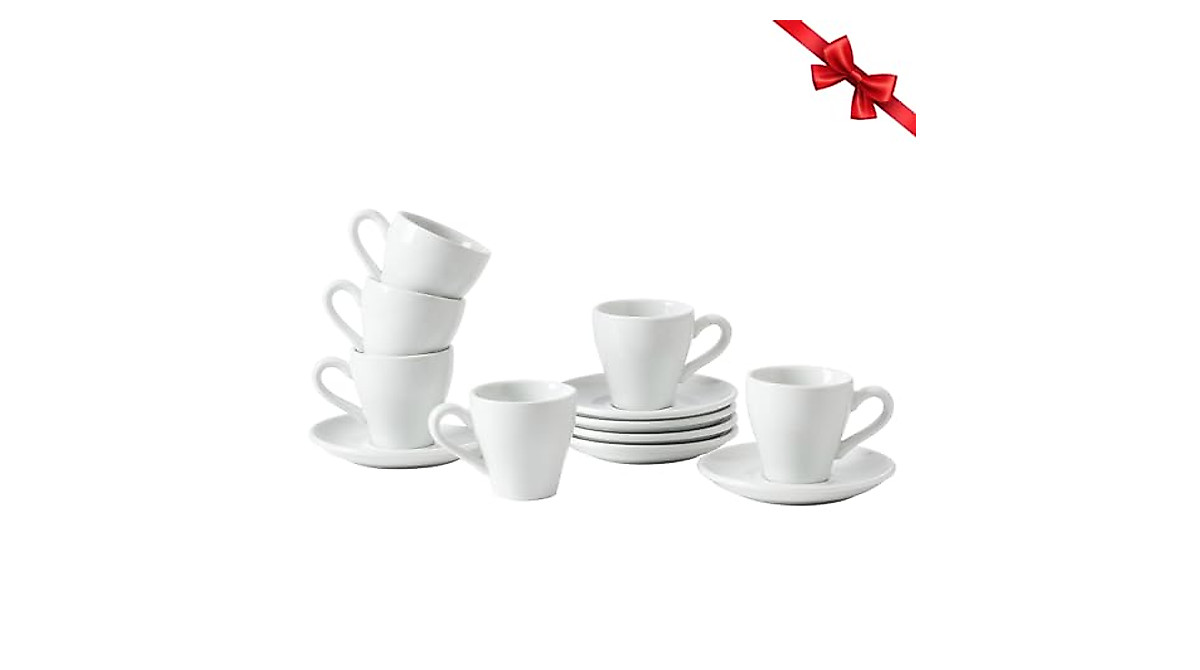 Unilives Espresso Cups and Saucers Set - 6 White Porcelain Cups for Coffee