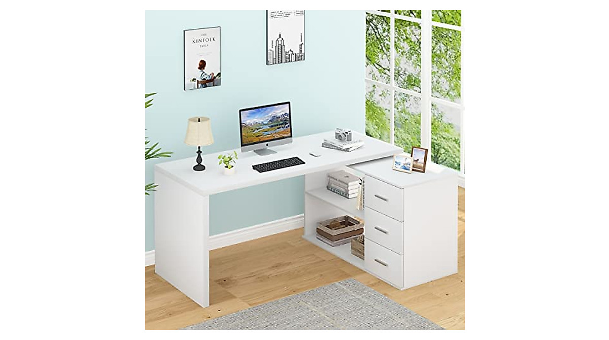 Stylish HSH White L Shaped Desk with Storage Solutions