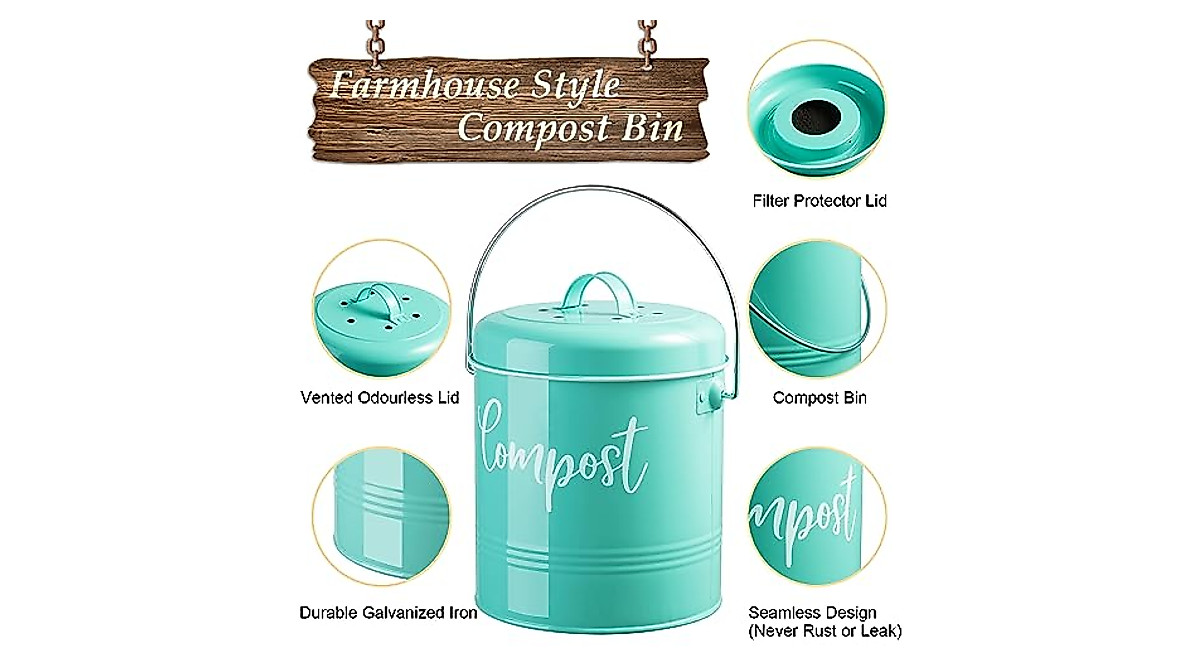 Teal Kitchen Compost Bin - 1.3 Gallon Stylish Solution