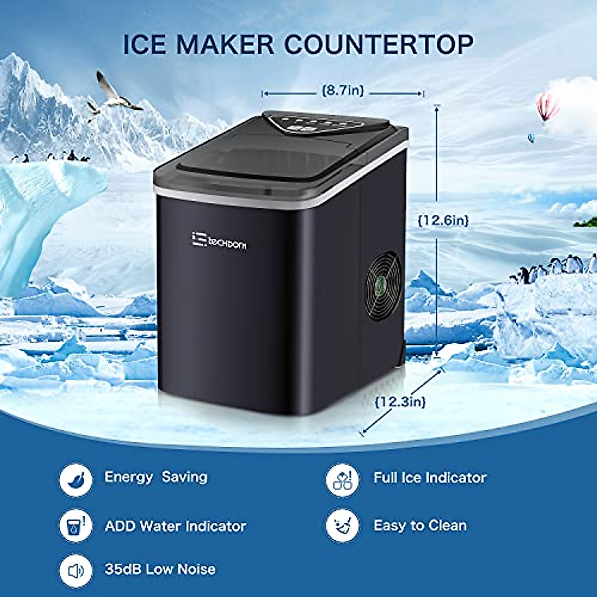 Techdorm Ice Maker Machine for Countertop - Fast Bullet Ice in 8 Min