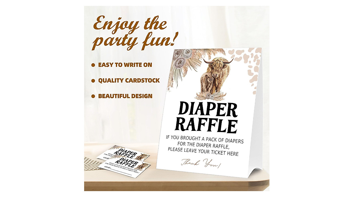 Diaper Raffle Tickets for Baby Shower Game | Holy Cow Boho Highland Cow