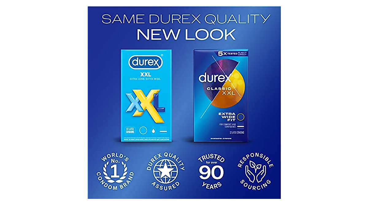 Durex Condom XXL Longer & Wider Natural Latex Condoms, Extra Wide Fit ...