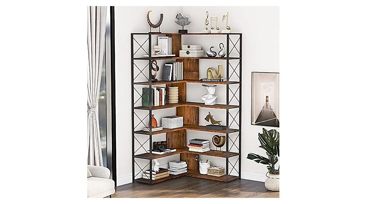 7-Tier Corner Bookshelf - Industrial L-Shaped Storage for Home