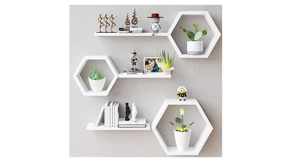Wooden Hexagon Floating Shelves Set of 6 for Stylish Wall Decor