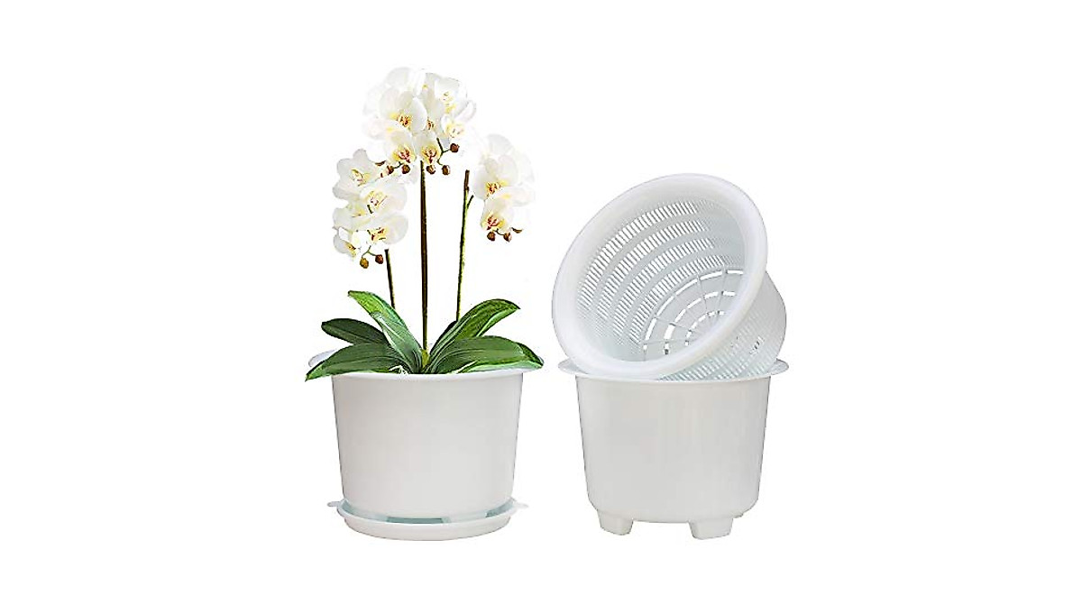 Meshpot 8 Inch Orchid Pots with Holes & Saucers - Durable & Ventilated
