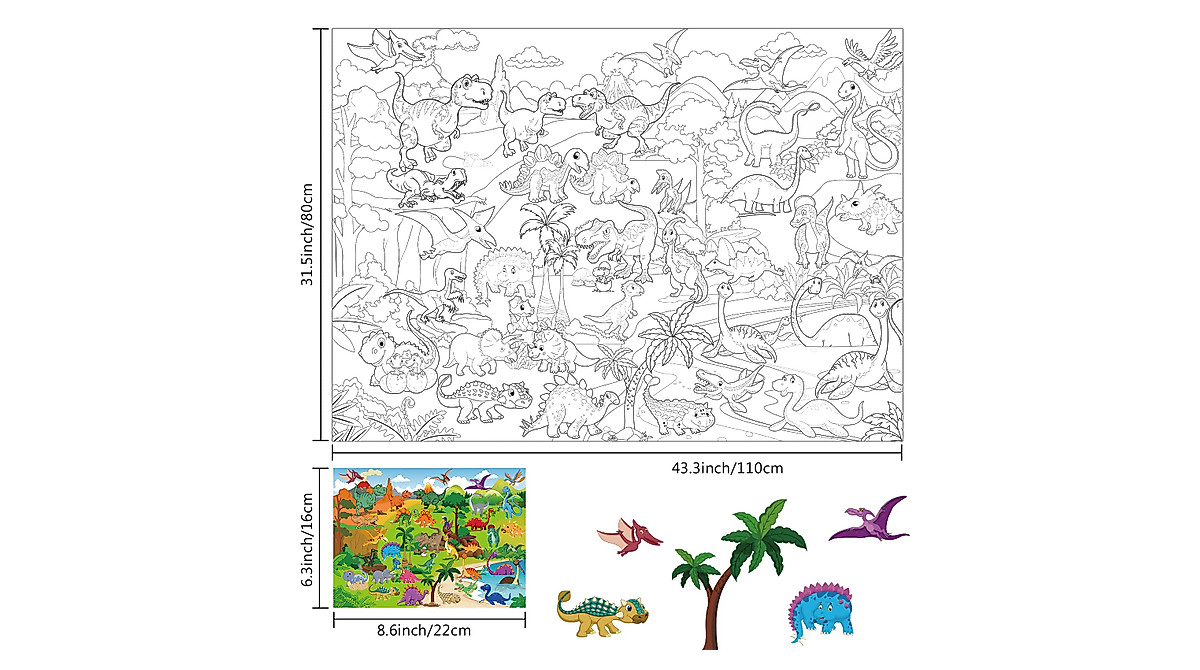 Funrous Dinosaur Jumbo Coloring Poster for Kids - Huge 45x31.5 Inch Art ...