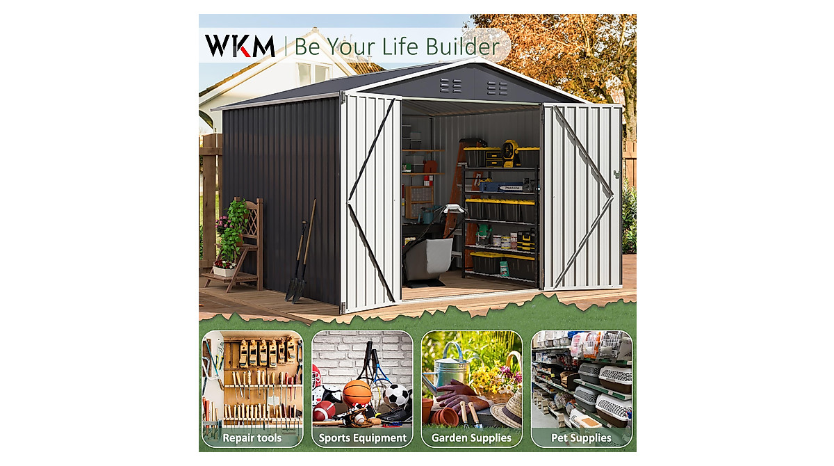 WKM 8x8 Metal Outdoor Storage Shed - Lockable Garden Tool Storage