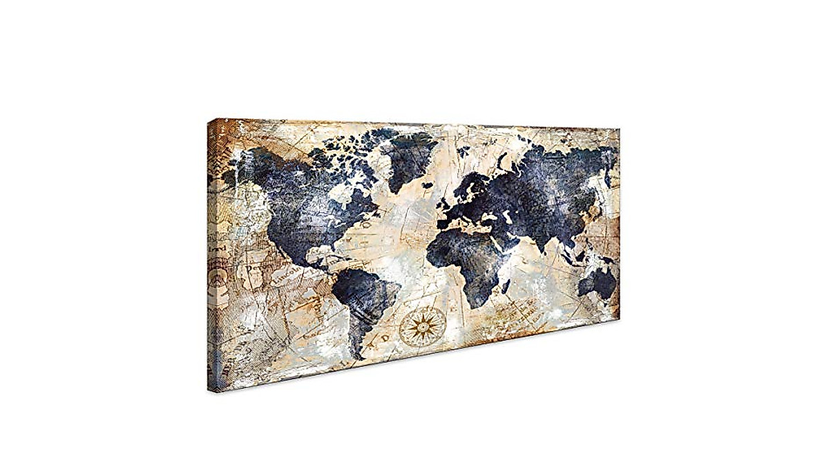 World Map Wall Art - 20x40 Inch Framed Canvas Decor for Home & Office
