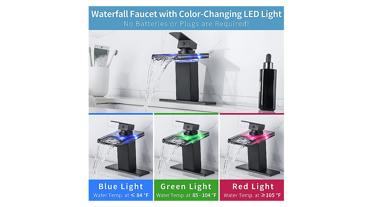 LED Waterfall Bathroom Faucet - Temperature-Sensing Light Show In Brushed Nickel With Glass Spout