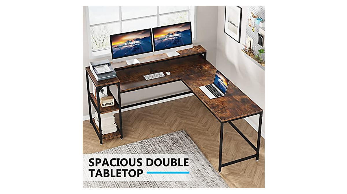 Tribesigns L Shaped Desk with Monitor Stand & Storage Shelves
