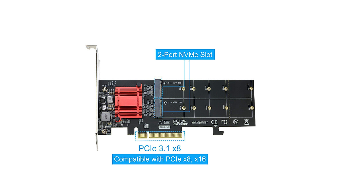 Dual NVMe PCIe Adapter RIITOP M.2 SSD to PCIe 3.1 x8/x16 Card