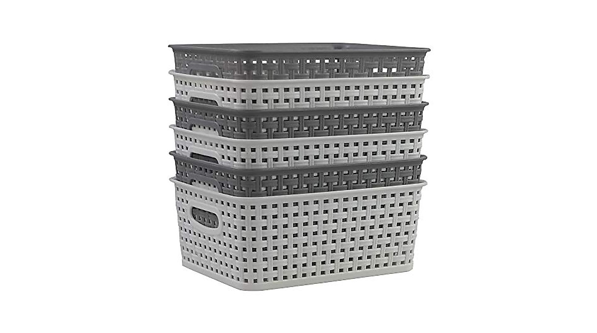 Ponpong Plastic Weave Storage Bins - 6 Pack Rattan Baskets