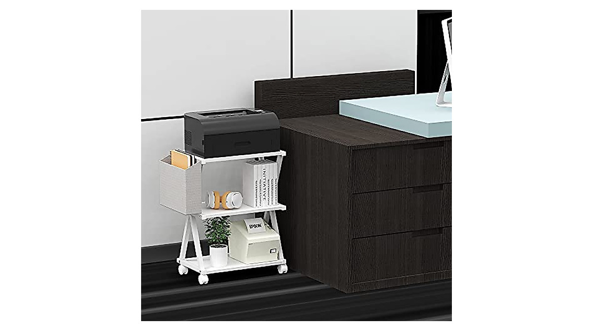 VEDECASA White Mobile Printer Stand - 3 Tier Office Cart with Caster Wheels