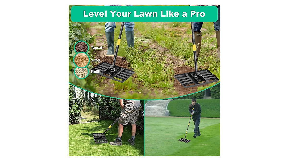 Lawn Leveling Rake with Adjustable Handle & Smooth Edge