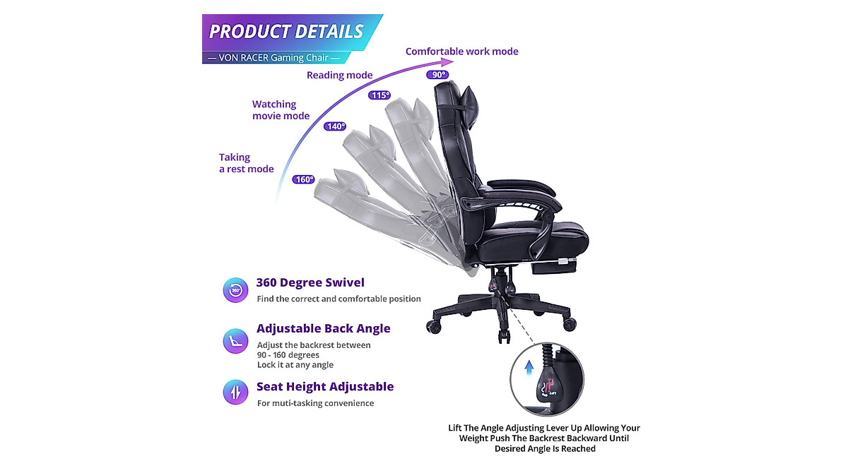 VON Racer Gaming Chair with Massager - Ergonomic Reclining Office Chair