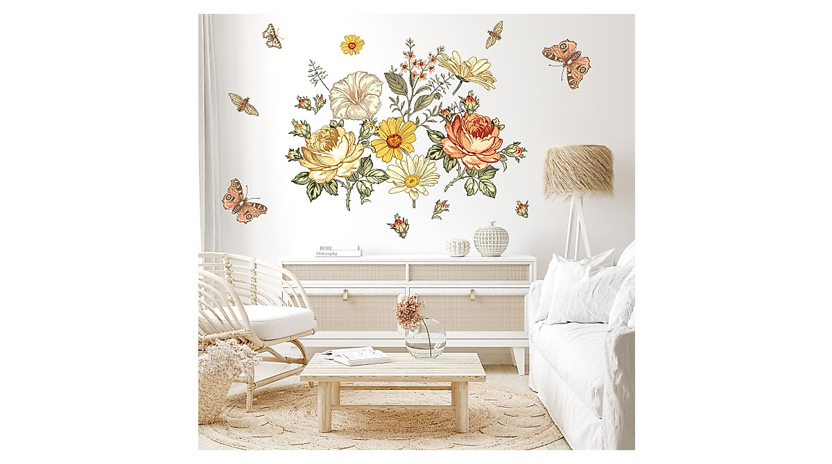 Vintage Floral Wall Decals | Retro Flower Wall Stickers for Bedroom