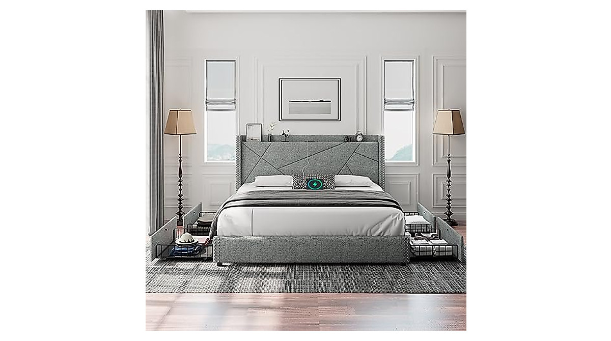 Feonase King Size Bed Frame with Storage & Charging Station