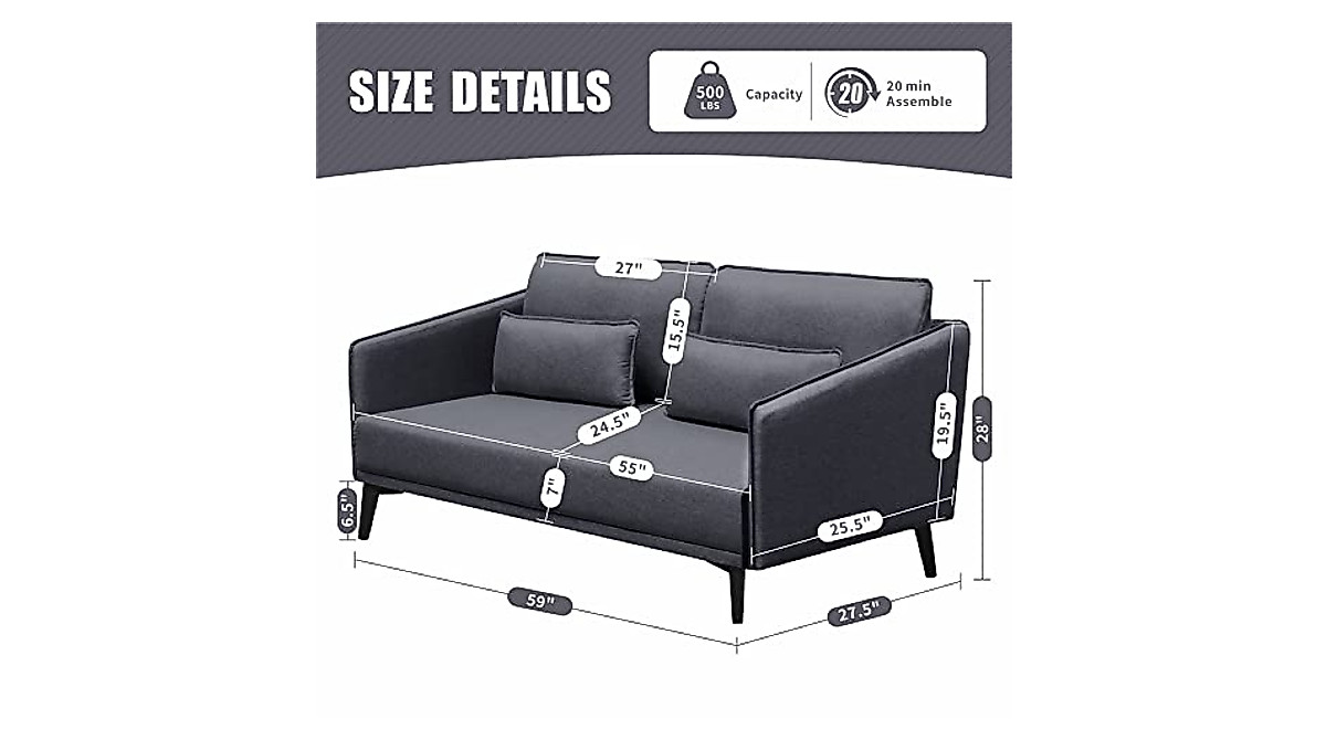 Small Linen Loveseat Sofa - 2 Seater Couch for Small Spaces