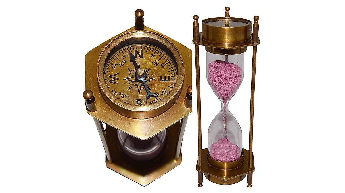 Brass Sand Timer Hourglass with Marine Compass Accent | Vintage Decor