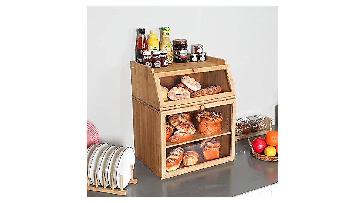 X-cosrack Large Bamboo Bread Box with Adjustable Compartments