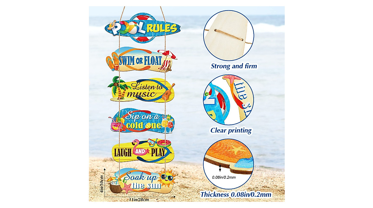 6 Pack Wooden Pool Rules Signs for Summer Pool Decor