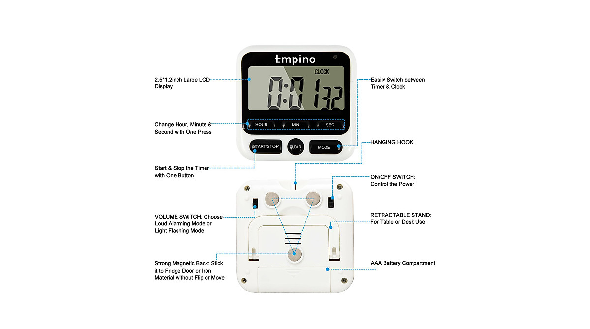 Empino Digital Kitchen Timer - 24-Hour Countdown & Alarm