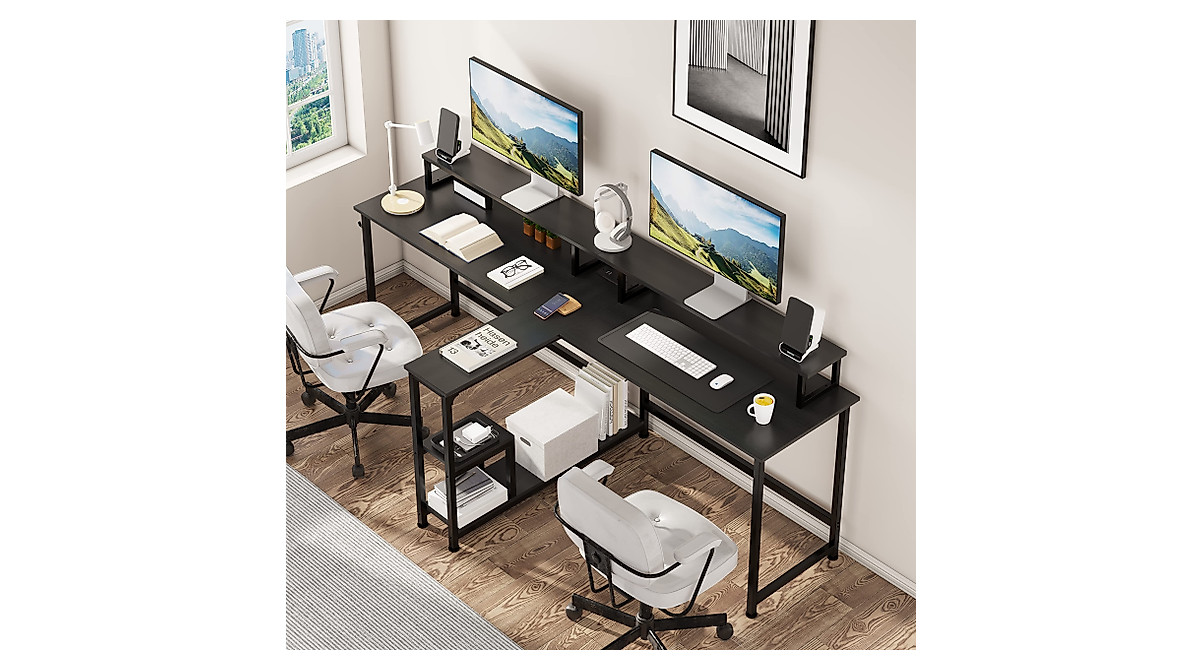 Mexin 83.7-Inch Dual Office Desk with Storage & Power Outlets