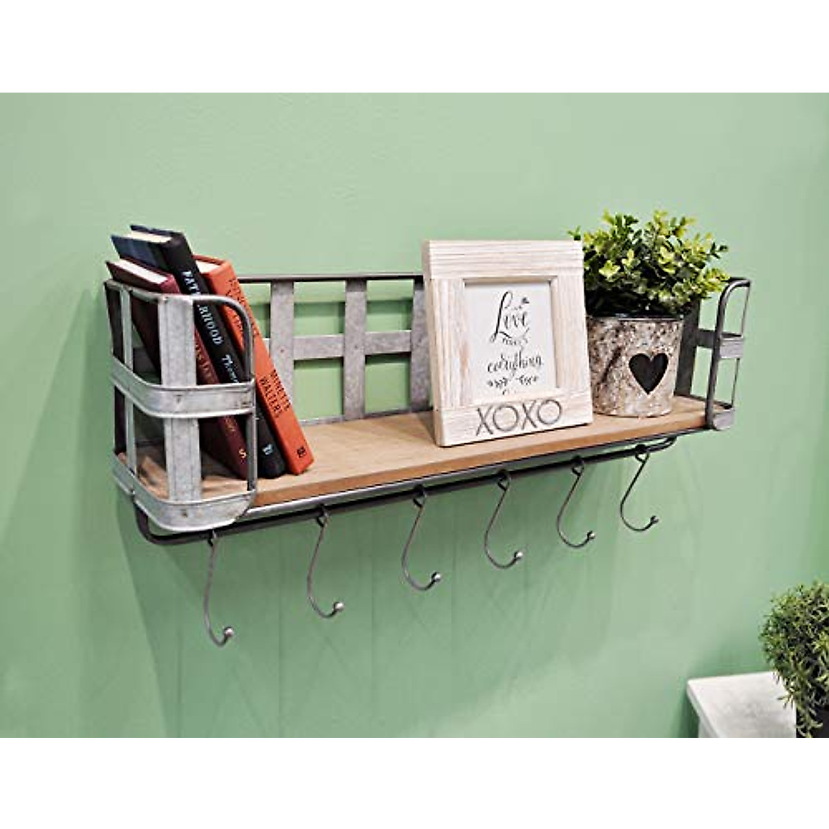 Designstyles Wall Shelf with Hooks – Rustic Metal & Wood Storage