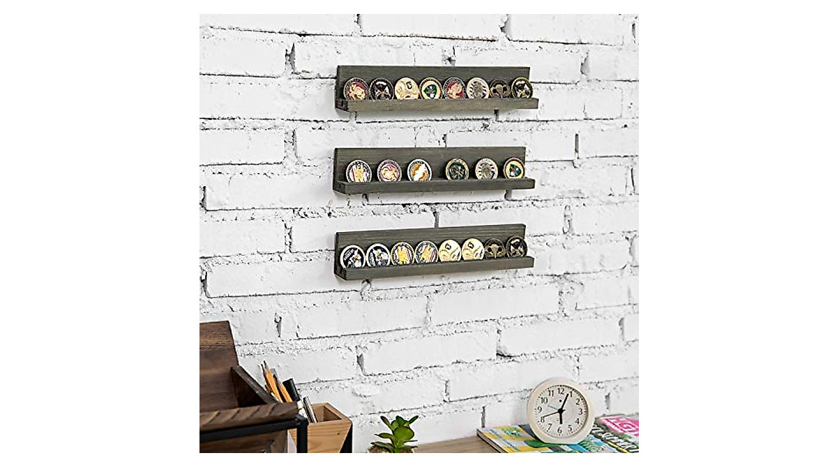 MyGift 5-Tier Wall Mounted Vintage Gray Wood Challenge Coin Display Rack Shelf