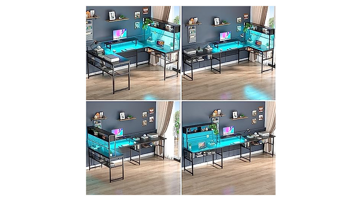 Unikito U Shaped Desk with Hutch - Reversible & Smart RGB LED Lights