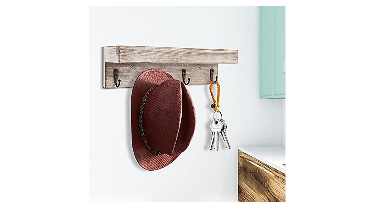 Flyisland Rustic Wall Shelf with 4 Hooks | Stylish Entryway Organizer