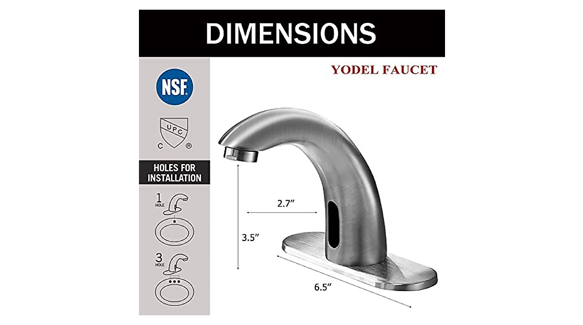 Yodel Touchless Bathroom Sink Faucet – Automatic Motion Sensor, Battery Or AC Powered, Brushed Nickel Finish For Commercial & Residential Use