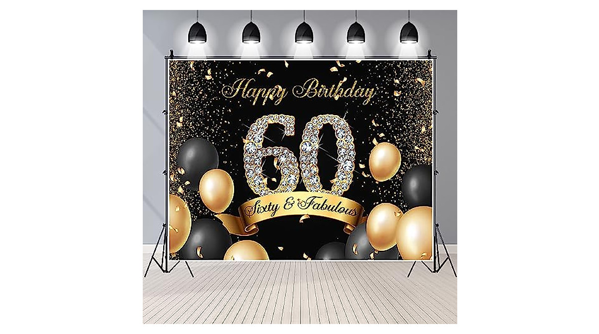 60th Birthday Backdrop Black Gold Glitter | Perfect for Photos & Decor