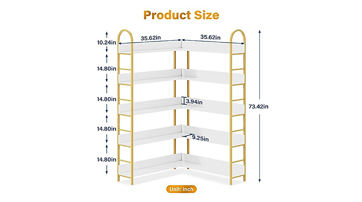 Stylish 5-Tier Gold Bookcase - L-Shape Corner Shelf