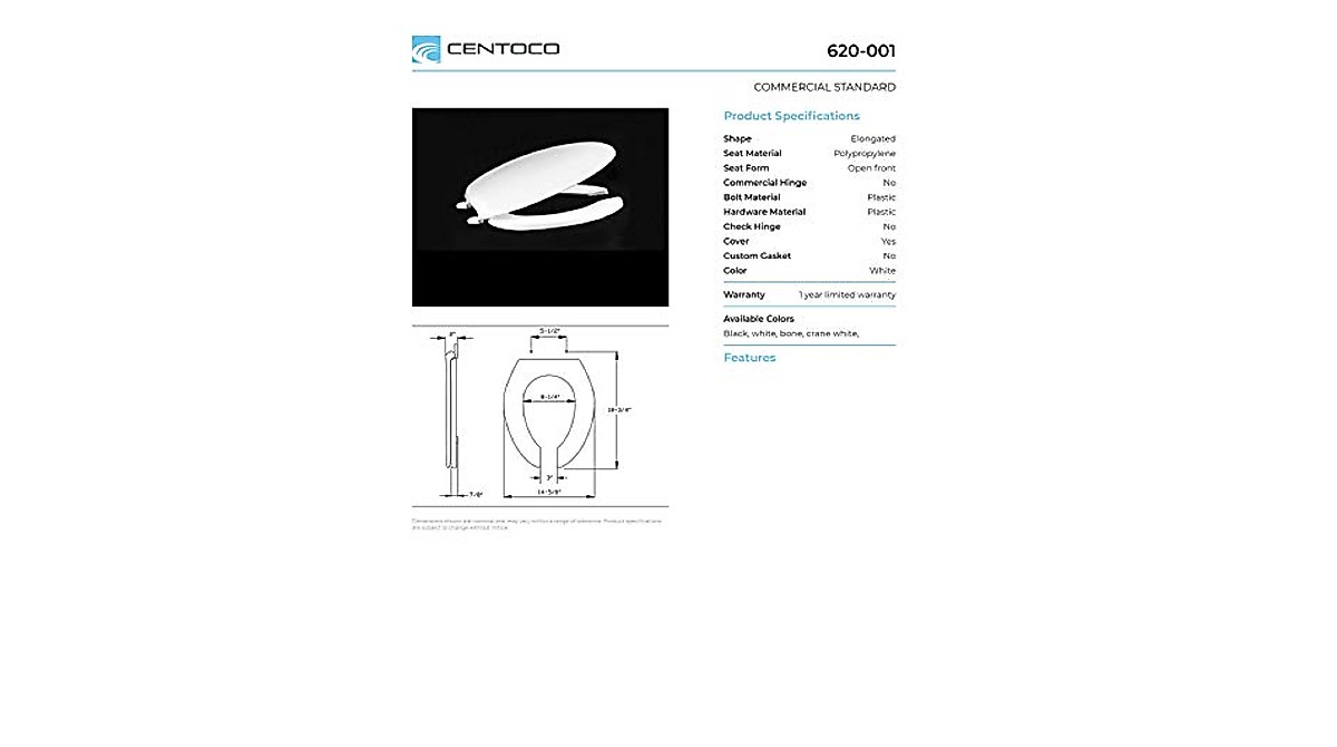 Centoco Elongated Toilet Seat with Heavy Duty Hinge - Made in USA