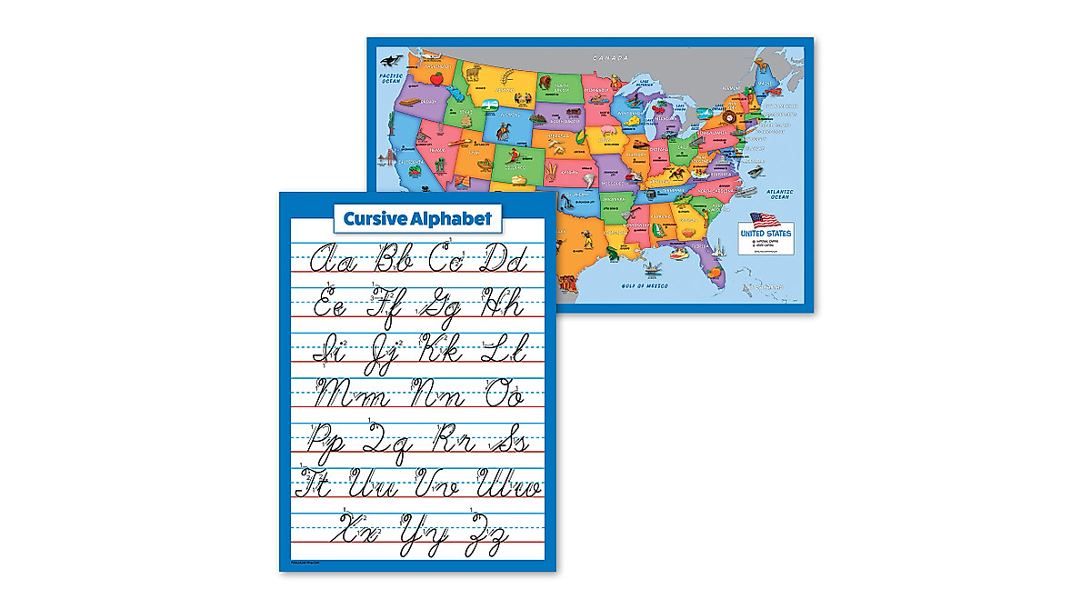 USA Map & Cursive ABC Posters for Kids - 2 Pack