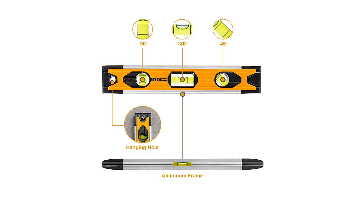 INGCO 9 Inch Magnetic Level - Professional Torpedo with Bright Bubble ...