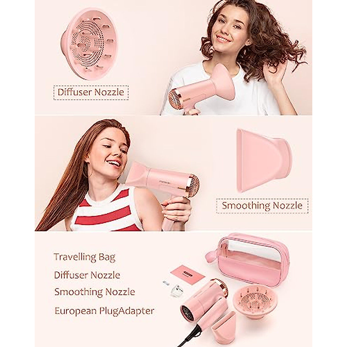 Travel Diffuser Hair Dryer - Compact Dual Voltage & Fast Drying