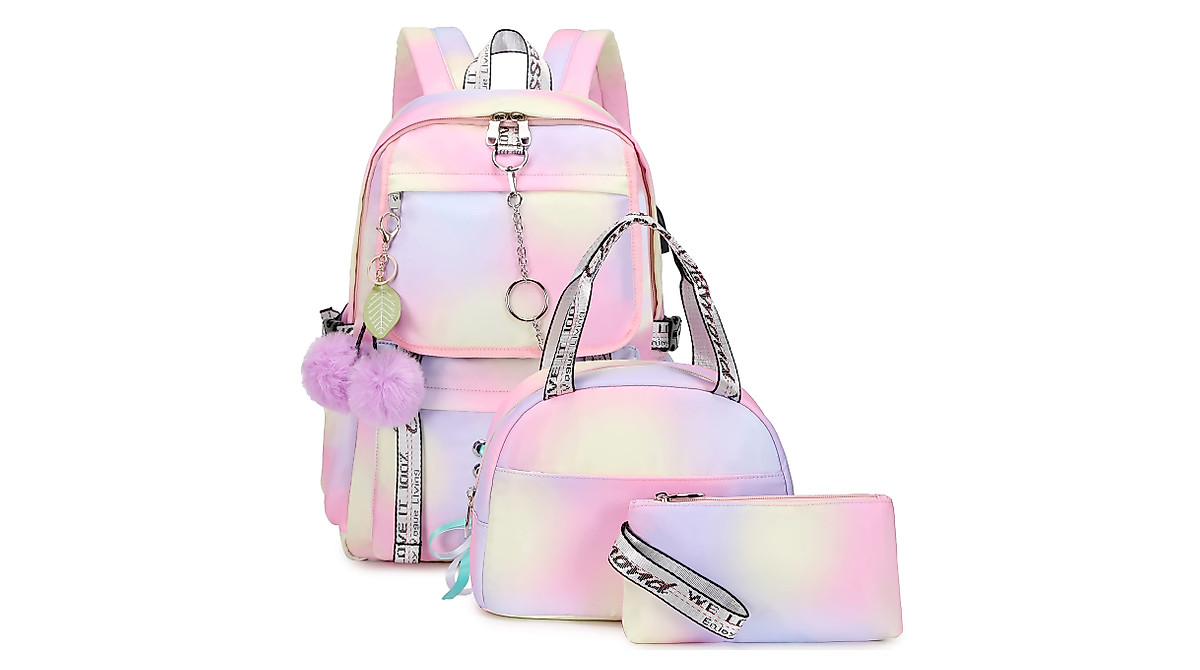 Hey Yoo Pink School Backpack Set for Girls with Lunch Box & USB Port