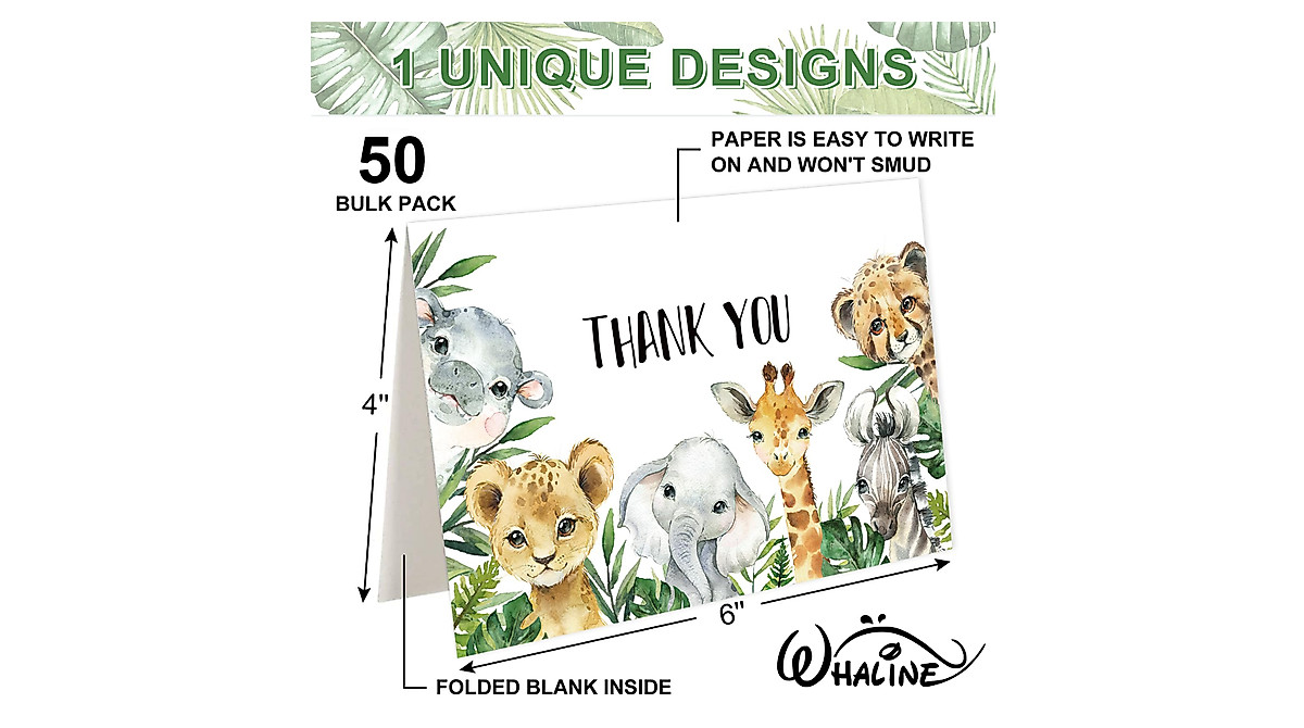 Whaline 50 Pack Jungle Thank You Cards - Perfect for Parties