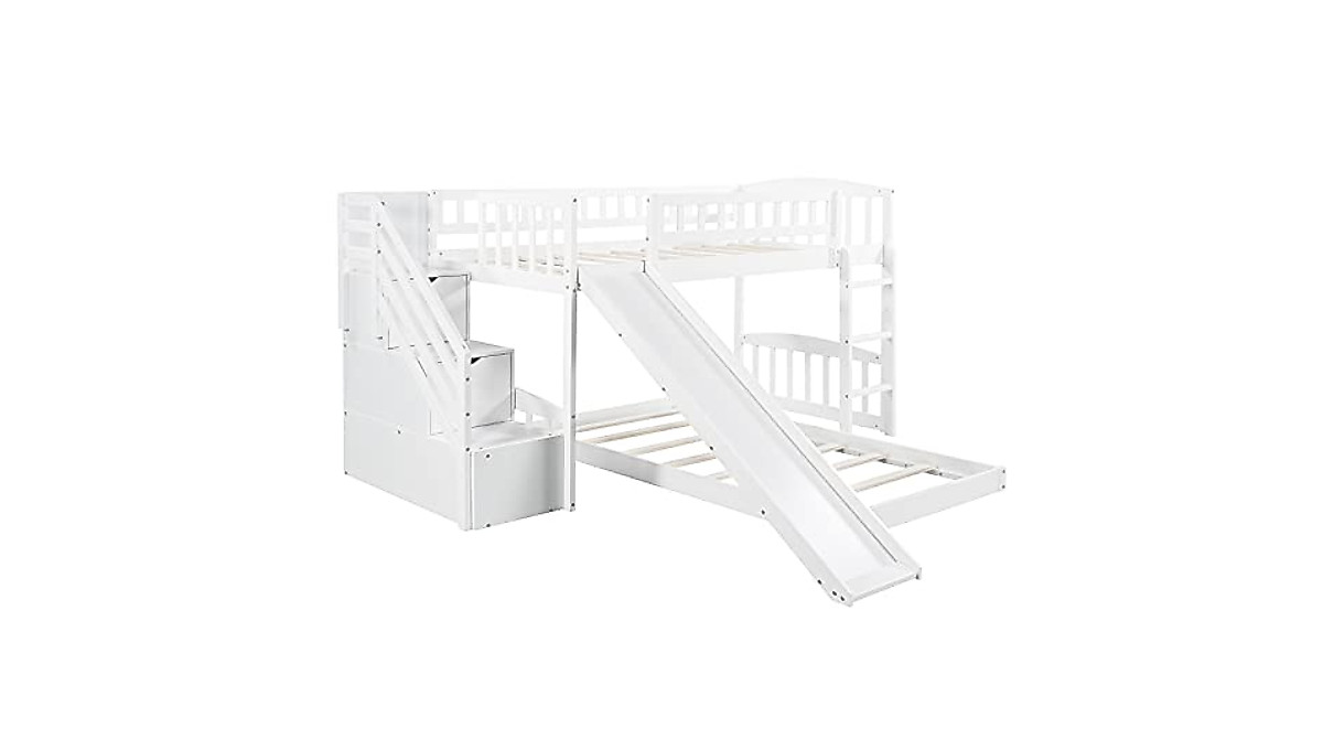Twin over Full Bunk Bed with Storage and Slide - Gray