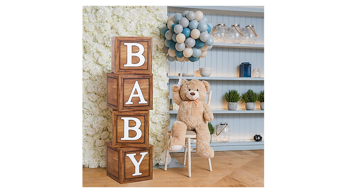 Wood Grain Baby Shower Boxes & Birthday Decor | Teddy Bear Theme