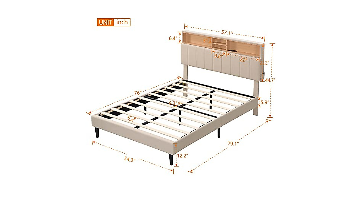 Beige Full Bed Frame with USB & Storage - Easy Assembly