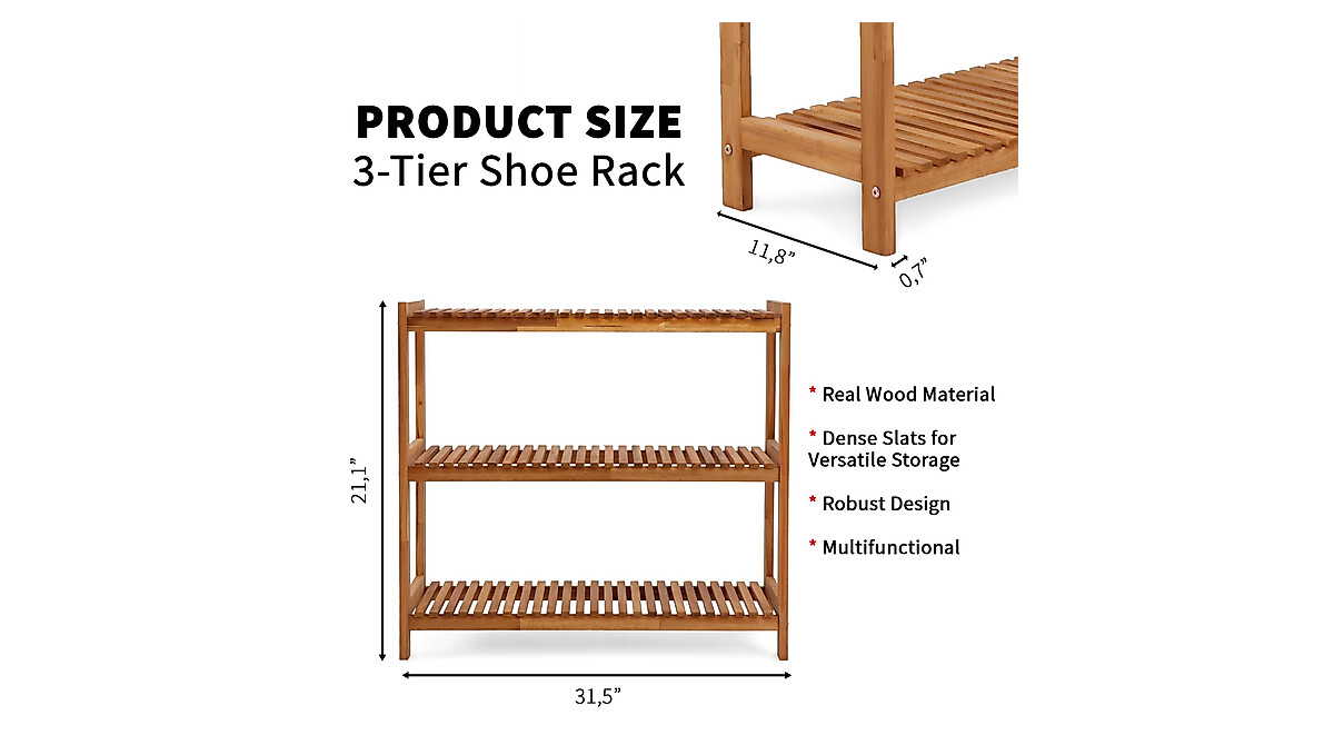 Acacia Wood 3-Tier Shoe Rack | Indoor/Outdoor & Stackable